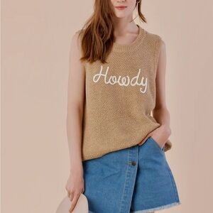 Tan Sleeveless Sweater with Embroidered ‘Howdy' Text
